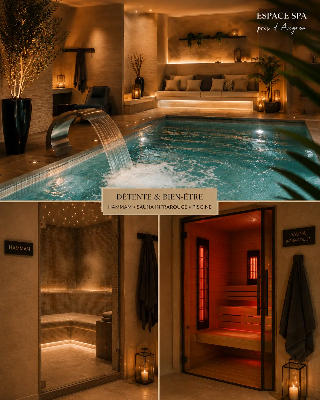 Spa avec hammam sauna douche écossaise et piscine chauffée près d’Avignon